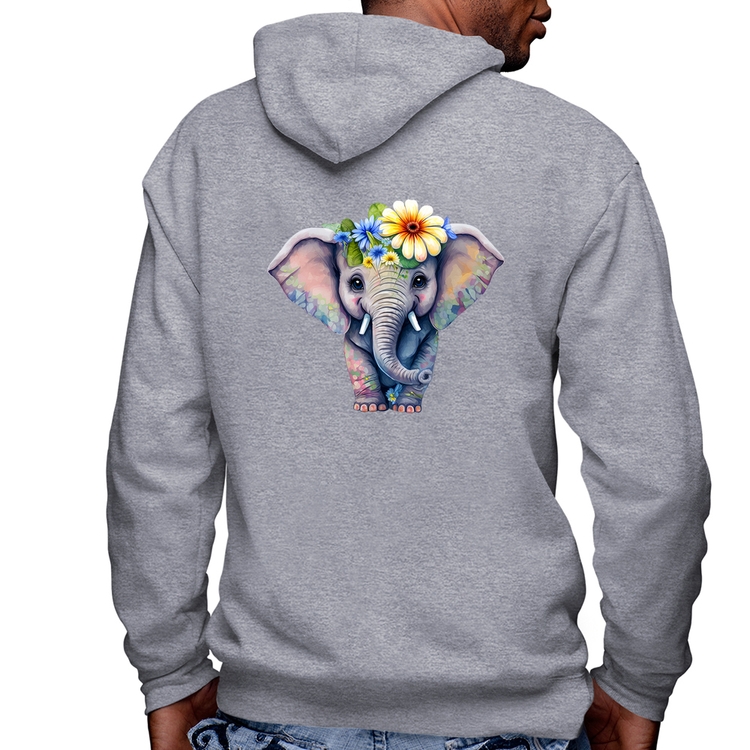Blusa Moletom Elefante E Flores Masculina com Capuz e Zíper - Mescla