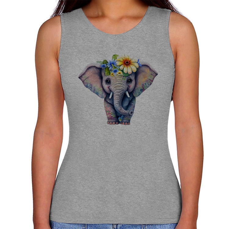 Regata Feminina Elefante E Flores - Cinza