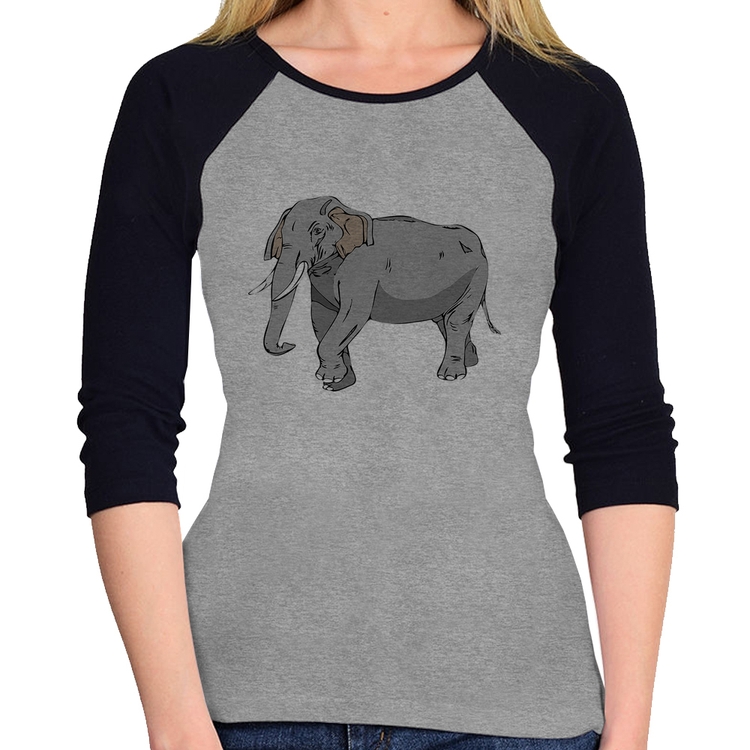Baby Look Raglan Elefante Ilustração Manga 3/4 - Cinza/Preto