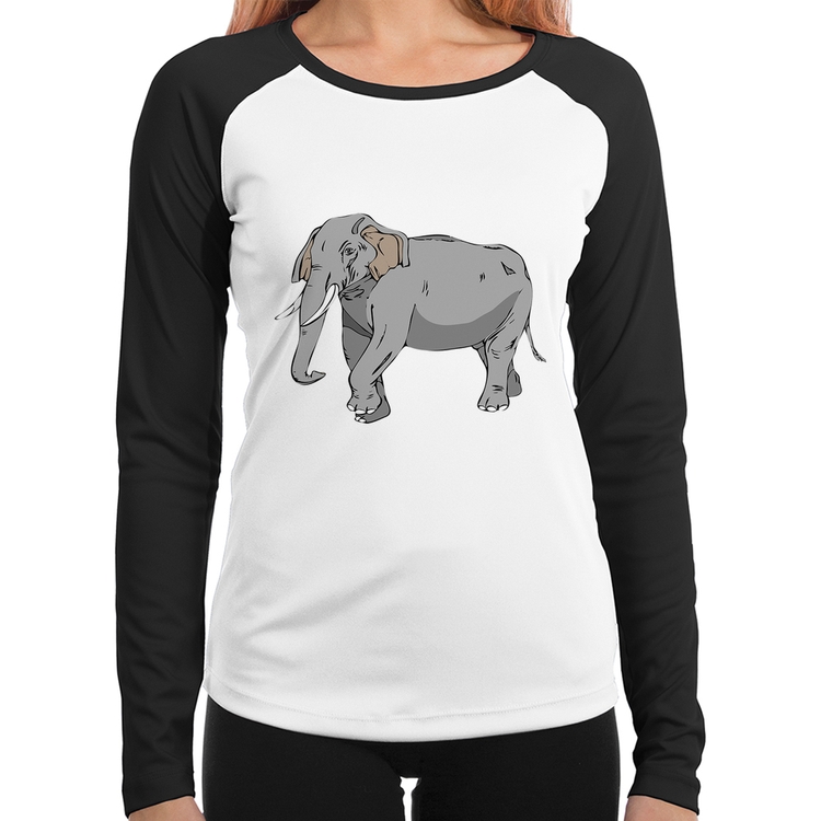 Baby Look Raglan Elefante Ilustração Manga Longa