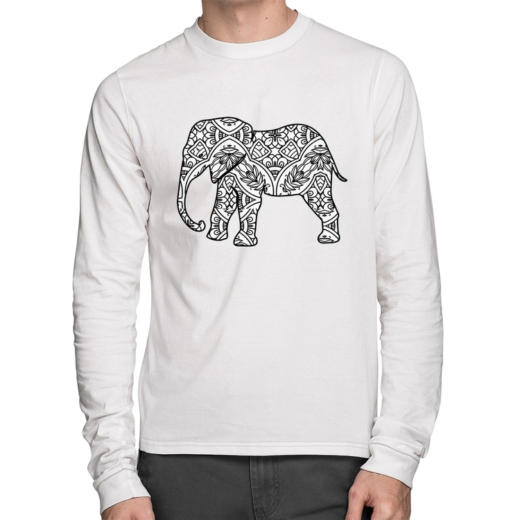 Camiseta Algodão Elefante Mandala Manga Longa - Branca