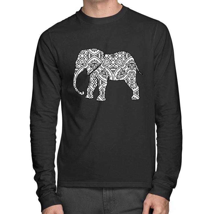 Camiseta Algodão Elefante Mandala Manga Longa