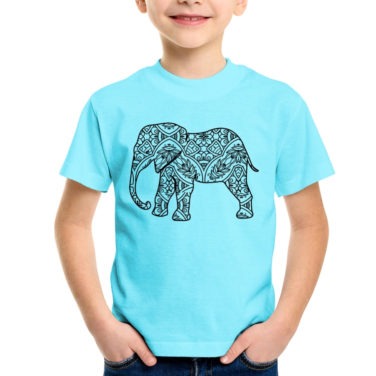 Camiseta Infantil Elefante Mandala - Azul Claro
