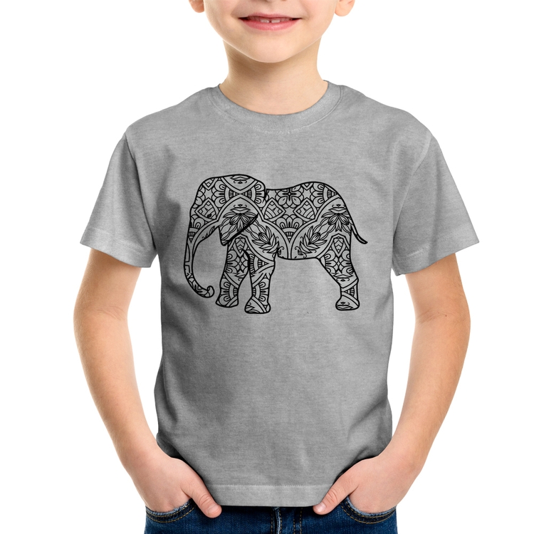 Camiseta Infantil Elefante Mandala - Cinza