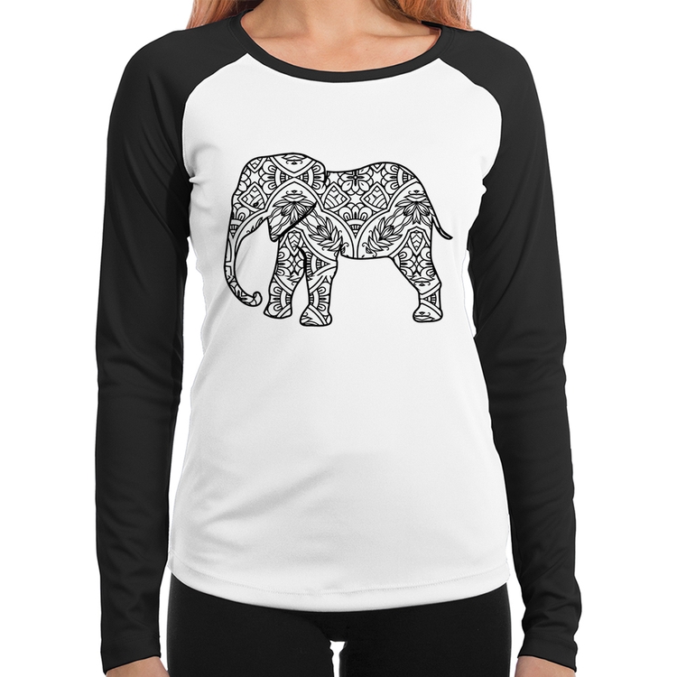 Baby Look Raglan Elefante Mandala Manga Longa