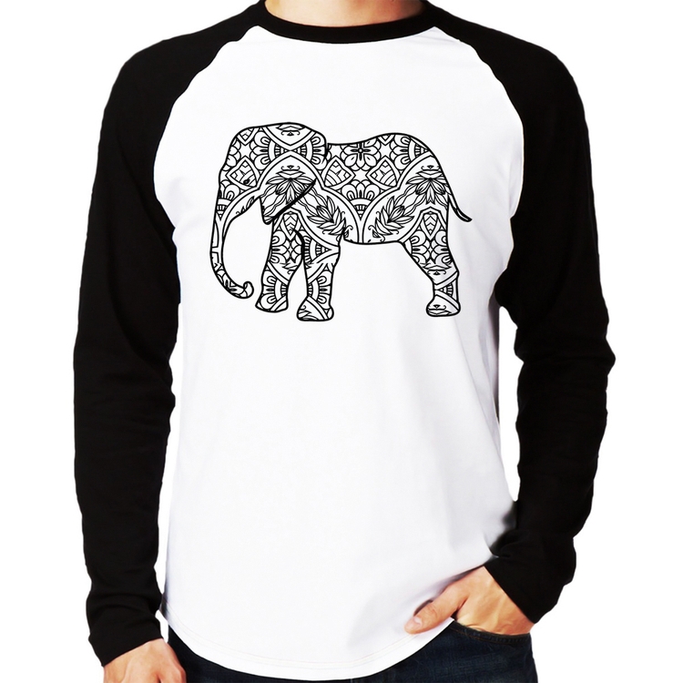 Camiseta Raglan Elefante Mandala Manga Longa