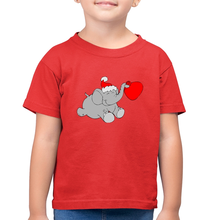 Camiseta Algodão Infantil Elefante Noel - Vermelha