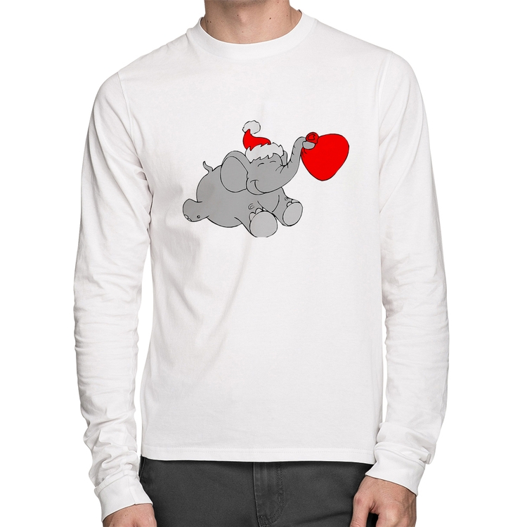 Camiseta Algodão Elefante Noel Manga Longa - Branca