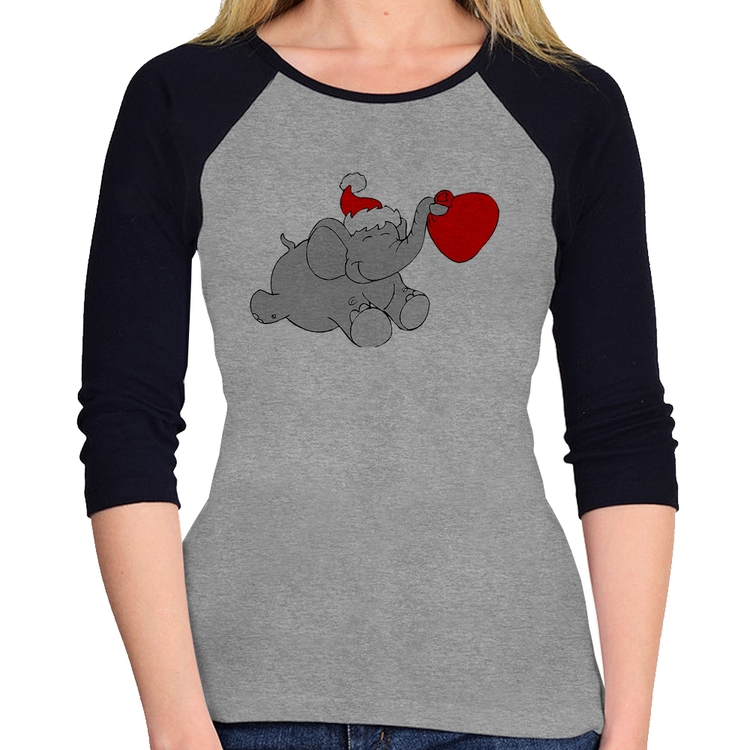 Baby Look Raglan Elefante Noel Manga 3/4 - Cinza/Preto