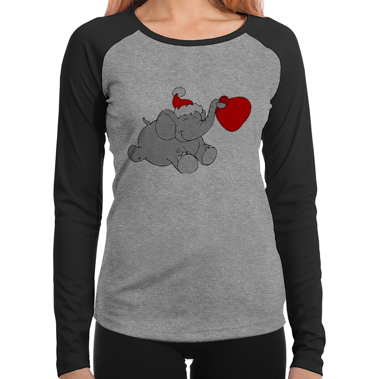 Baby Look Raglan Elefante Noel Manga Longa - Cinza/Preto