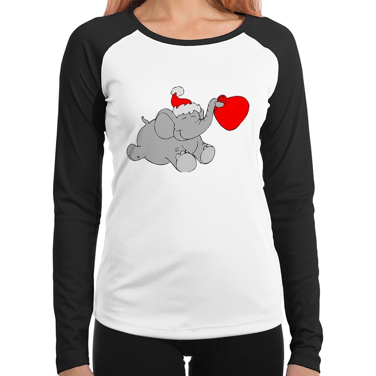 Baby Look Raglan Elefante Noel Manga Longa