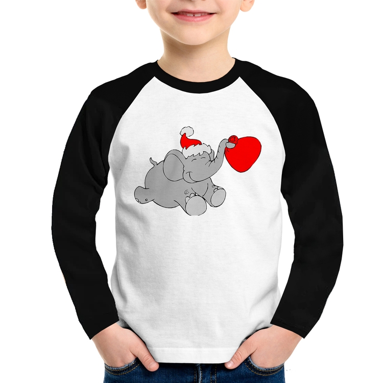 Camiseta Raglan Infantil Elefante Noel Manga Longa