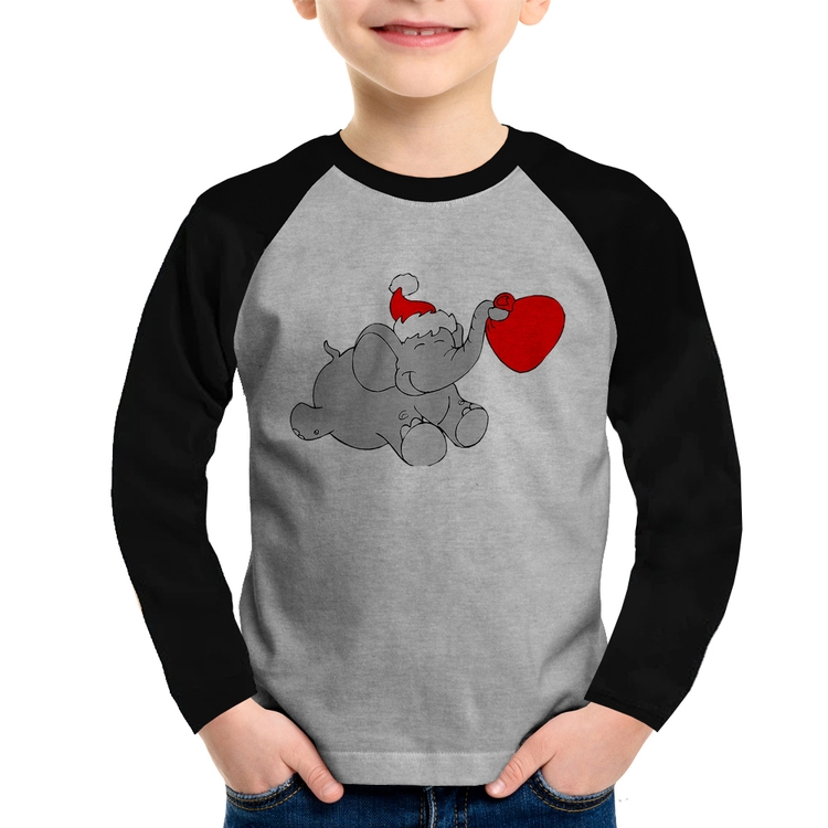 Camiseta Raglan Infantil Elefante Noel Manga Longa - Cinza/Preto