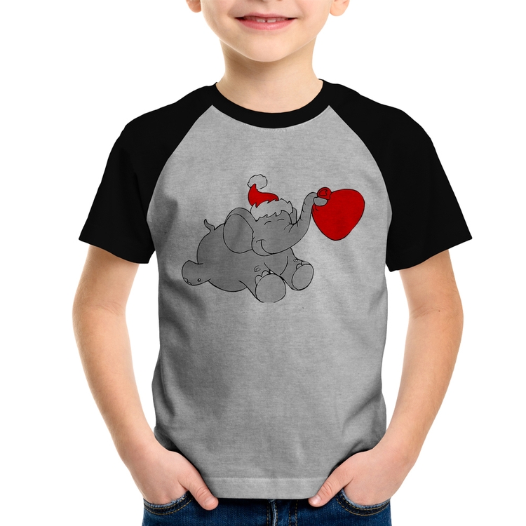 Camiseta Raglan Infantil Elefante Noel - Cinza/Preto