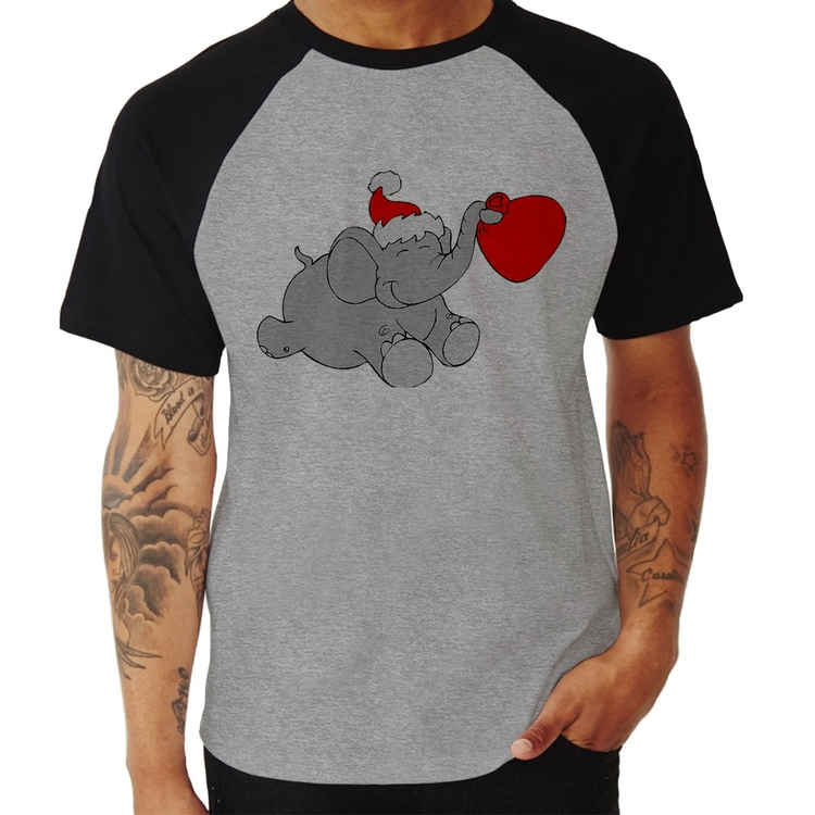 Camiseta Raglan Elefante Noel - Cinza/Preto