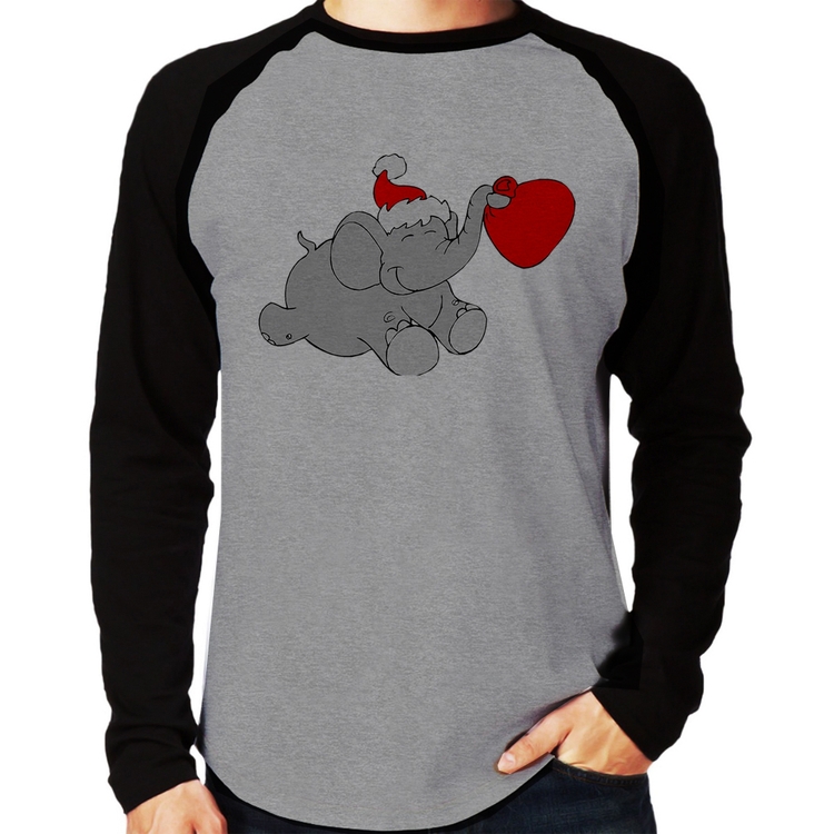 Camiseta Raglan Elefante Noel Manga Longa - Cinza/Preto