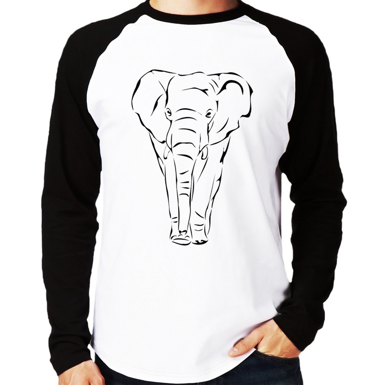 Camiseta Raglan Elefante Traços Manga Longa