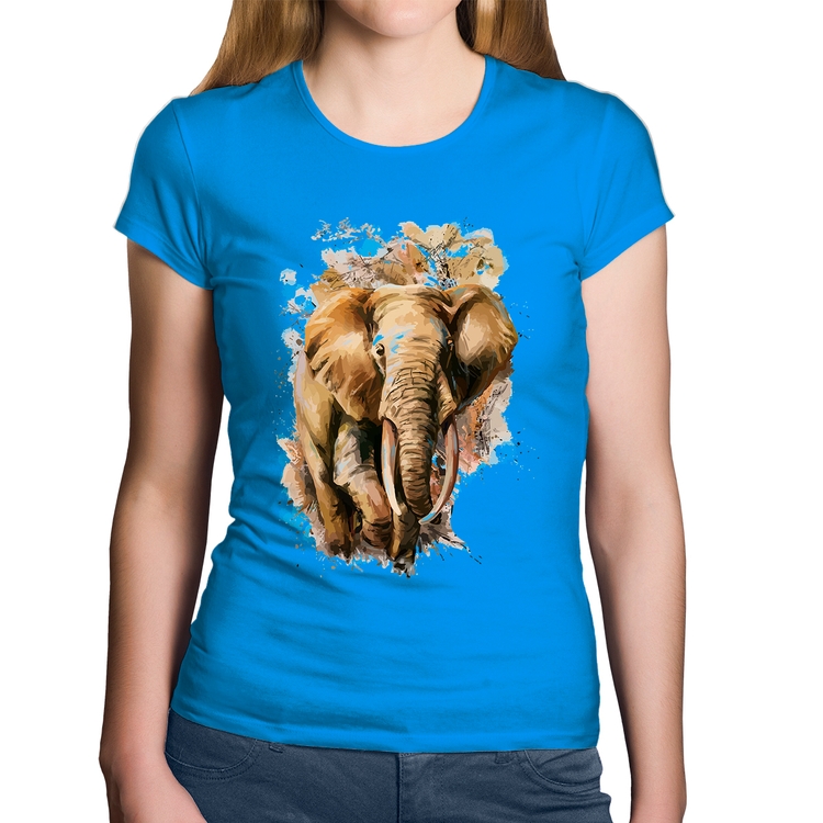 Baby Look Algodão Elefante Watercolor - Azul