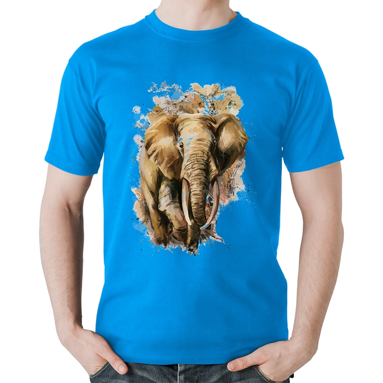 Camiseta Algodão Elefante Watercolor - Azul