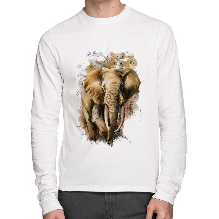 Camiseta Algodão Elefante Watercolor Manga Longa - Branca