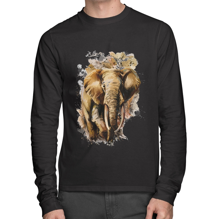 Camiseta Algodão Elefante Watercolor Manga Longa