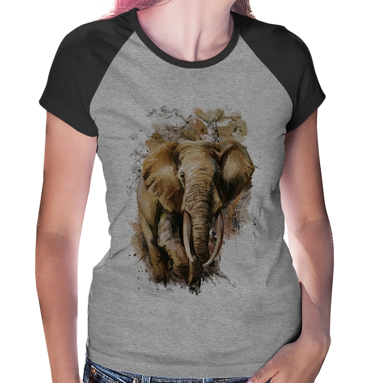 Baby Look Raglan Elefante Watercolor - Cinza/Preto