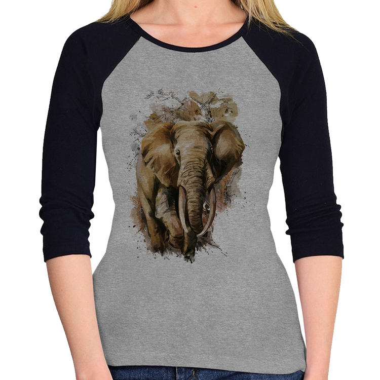 Baby Look Raglan Elefante Watercolor Manga 3/4 - Cinza/Preto