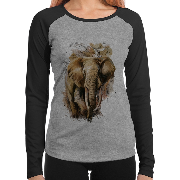 Baby Look Raglan Elefante Watercolor Manga Longa - Cinza/Preto