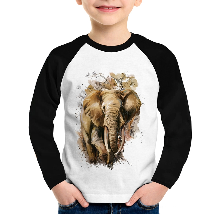 Camiseta Raglan Infantil Elefante Watercolor Manga Longa