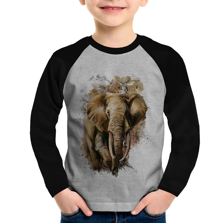 Camiseta Raglan Infantil Elefante Watercolor Manga Longa - Cinza/Preto
