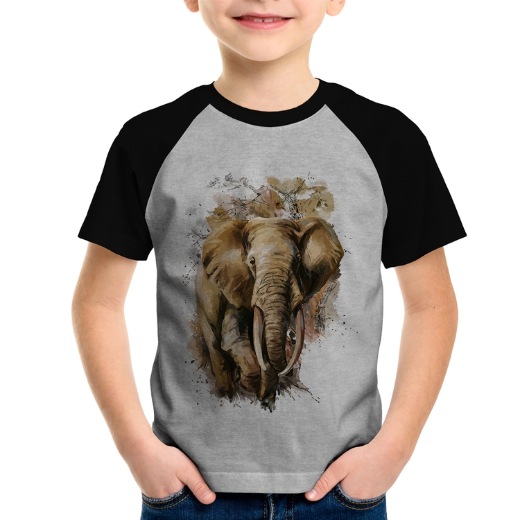 Camiseta Raglan Infantil Elefante Watercolor - Cinza/Preto