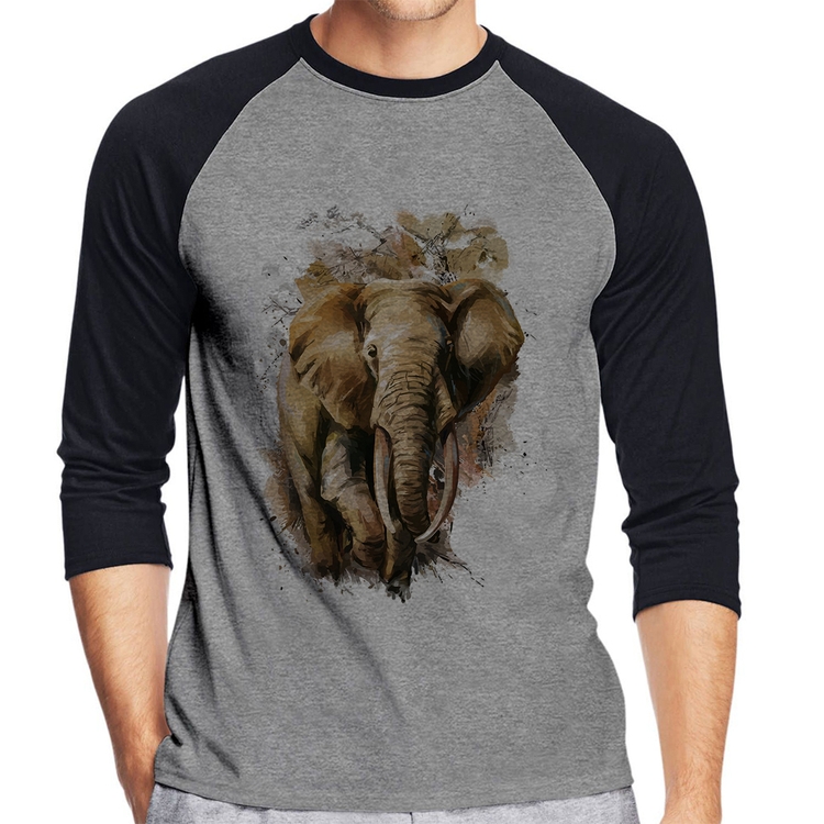 Camiseta Raglan Elefante Watercolor Manga 3/4 - Cinza/Preto