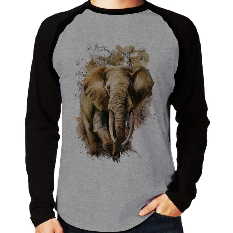 Camiseta Raglan Elefante Watercolor Manga Longa - Cinza/Preto