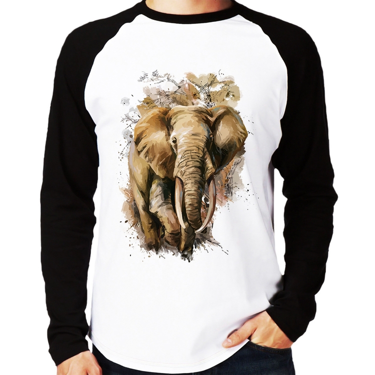 Camiseta Raglan Elefante Watercolor Manga Longa