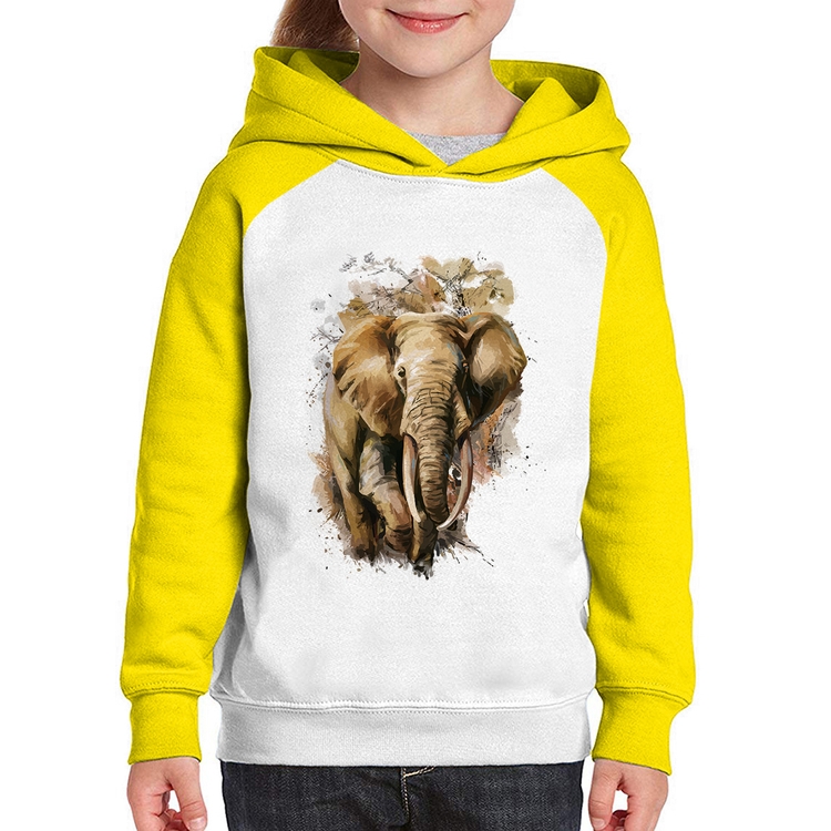 Moletom Infantil Elefante Watercolor - Branco/Amarelo
