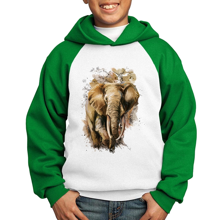 Moletom Infantil Elefante Watercolor - Branco/Verde