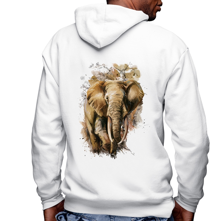 Blusa Moletom Elefante Watercolor Masculina com Capuz e Zíper - Branca