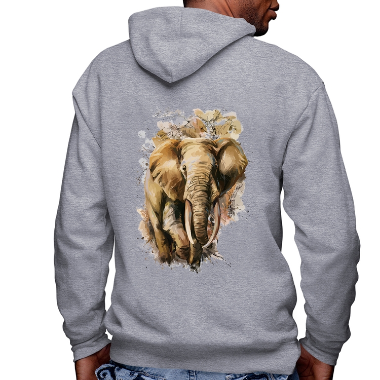 Blusa Moletom Elefante Watercolor Masculina com Capuz e Zíper - Mescla