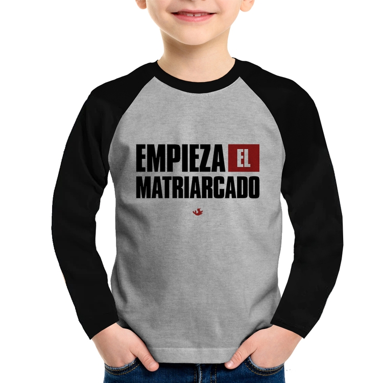 Camiseta Raglan Infantil ¡Empieza el matriarcado! Manga Longa - Cinza/Preto