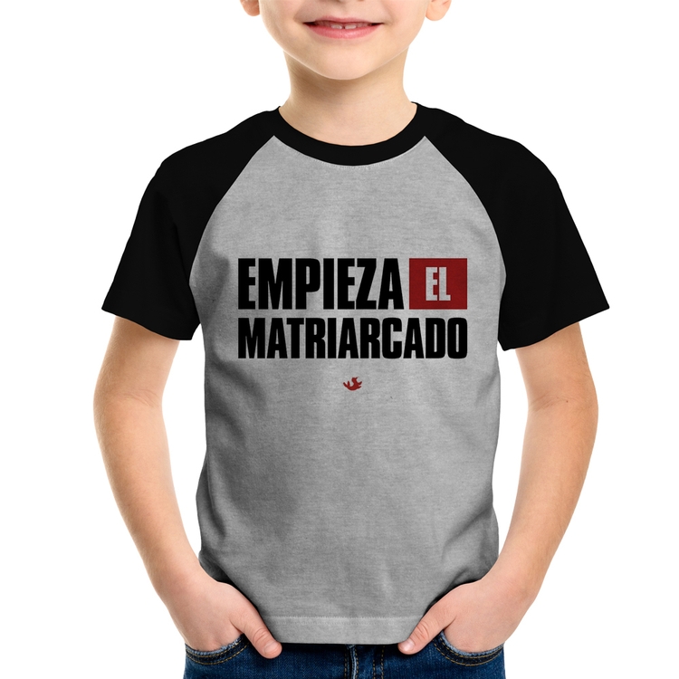 Camiseta Raglan Infantil ¡Empieza el matriarcado! - Cinza/Preto