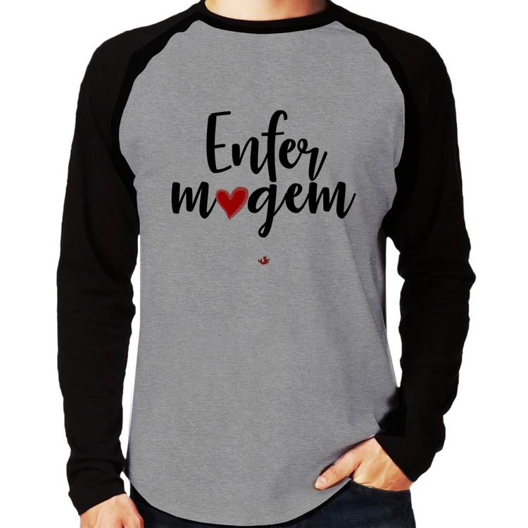 Camiseta Raglan Enfermagem por amor Manga Longa - Cinza/Preto
