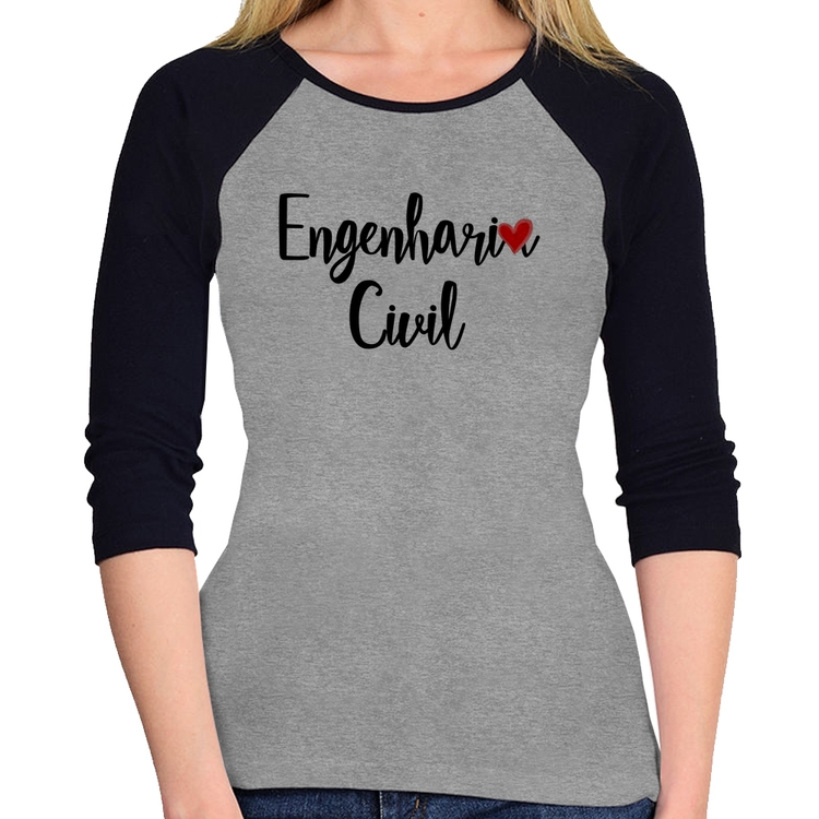 Baby Look Raglan Engenharia Civil Manga 3/4 - Cinza/Preto