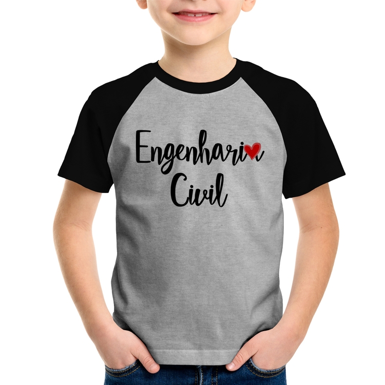 Camiseta Raglan Infantil Engenharia Civil - Cinza/Preto
