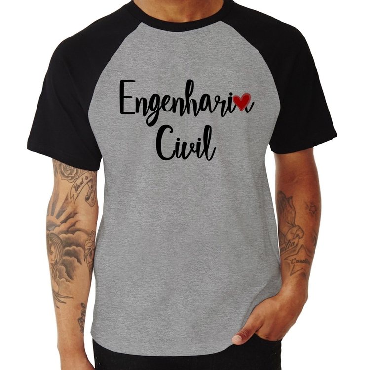Camiseta Raglan Engenharia Civil - Cinza/Preto
