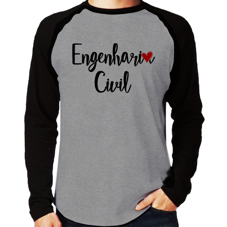 Camiseta Raglan Engenharia Civil Manga Longa - Cinza/Preto