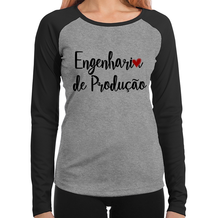 Baby Look Raglan Engenharia de Produção Manga Longa - Cinza/Preto