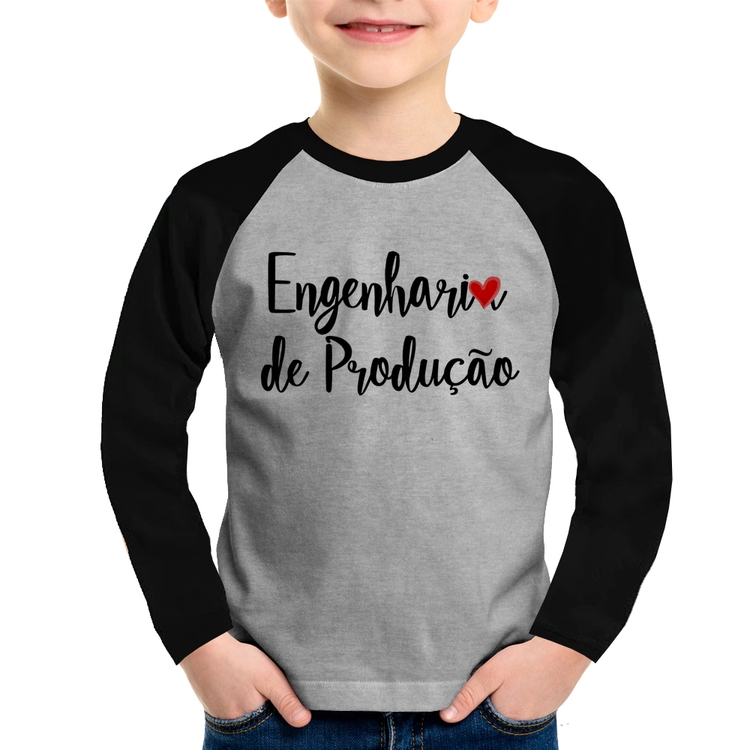 Camiseta Raglan Infantil Engenharia de Produção Manga Longa - Cinza/Preto