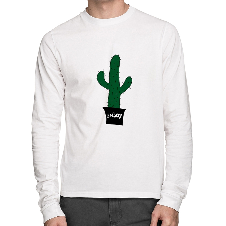 Camiseta Algodão Enjoy Cactus Manga Longa - Branca