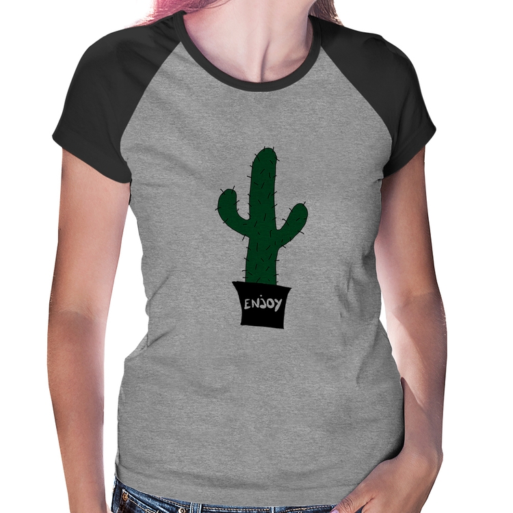 Baby Look Raglan Enjoy Cactus - Cinza/Preto
