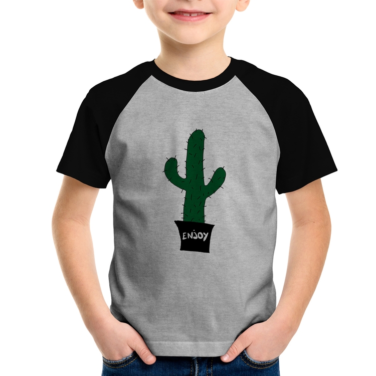 Camiseta Raglan Infantil Enjoy Cactus - Cinza/Preto